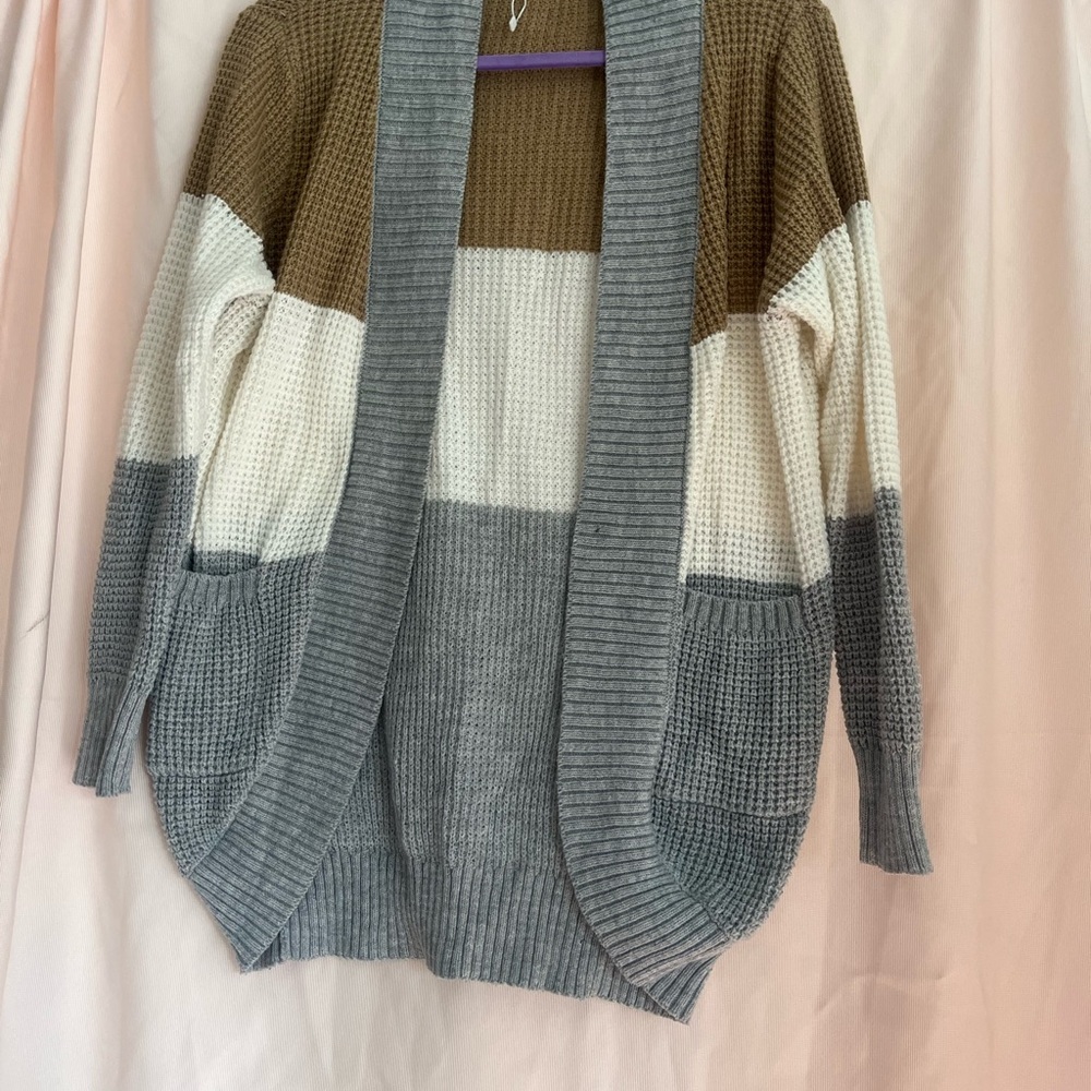 Gray and White Chunky Knit Cardigan Sweater
